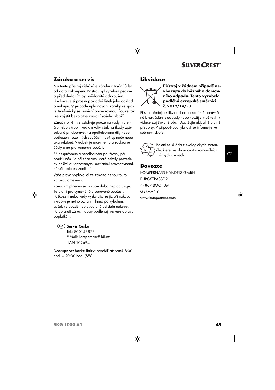 Záruka a servis, Likvidace, Dovozce | Silvercrest SKG 1000 A1 User Manual | Page 52 / 73