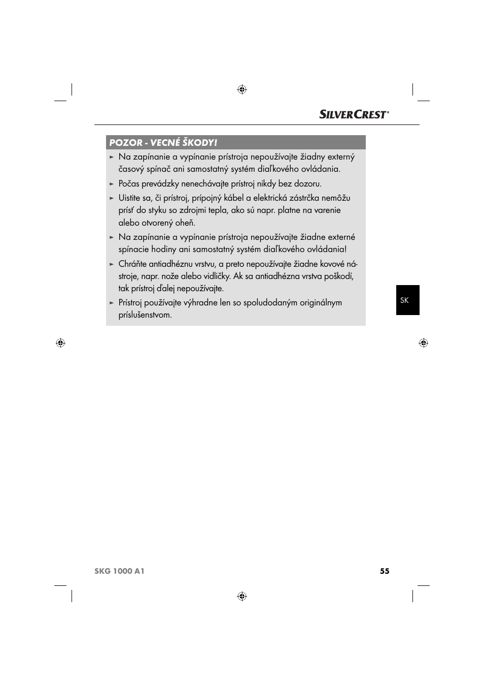 Pozor - vecné škody | Silvercrest SKG 1000 A1 User Manual | Page 58 / 73