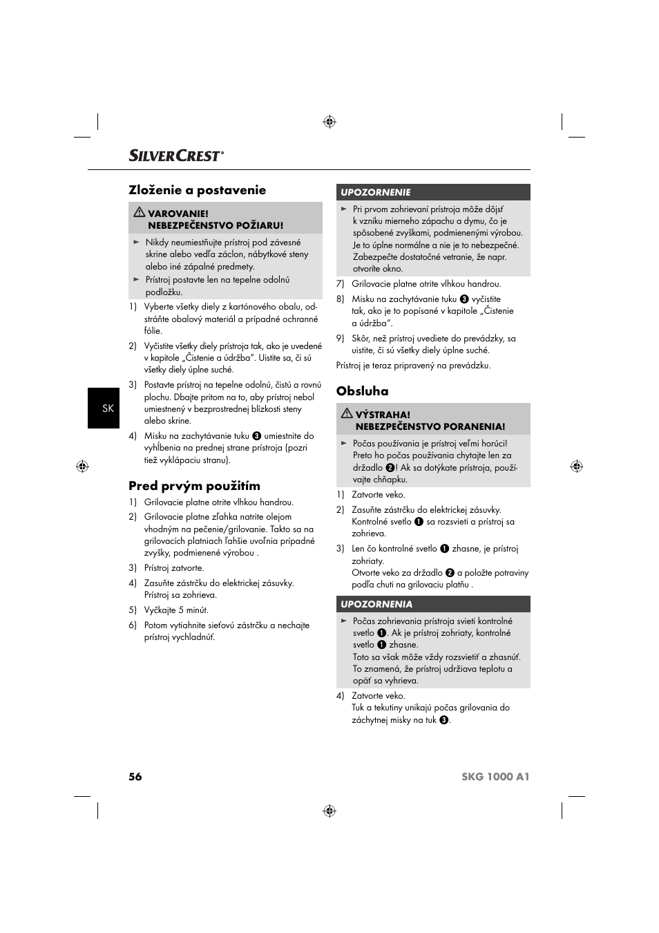 Zloženie a postavenie, Pred prvým použitím, Obsluha | Silvercrest SKG 1000 A1 User Manual | Page 59 / 73