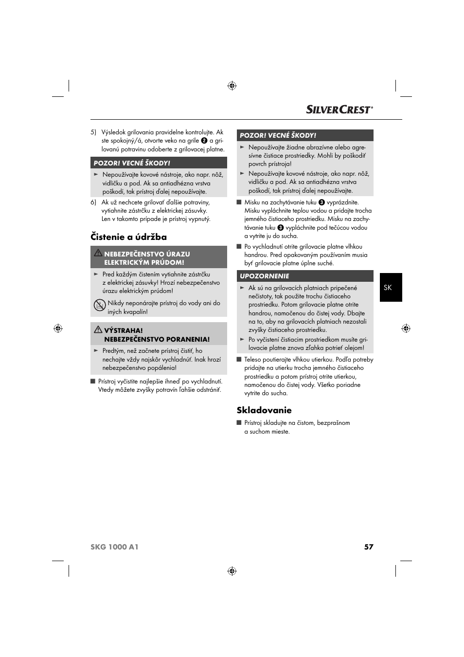 Čistenie a údržba, Skladovanie | Silvercrest SKG 1000 A1 User Manual | Page 60 / 73