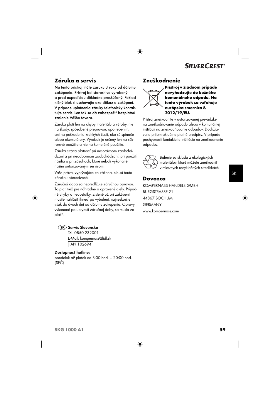 Záruka a servis, Zneškodnenie, Dovozca | Silvercrest SKG 1000 A1 User Manual | Page 62 / 73