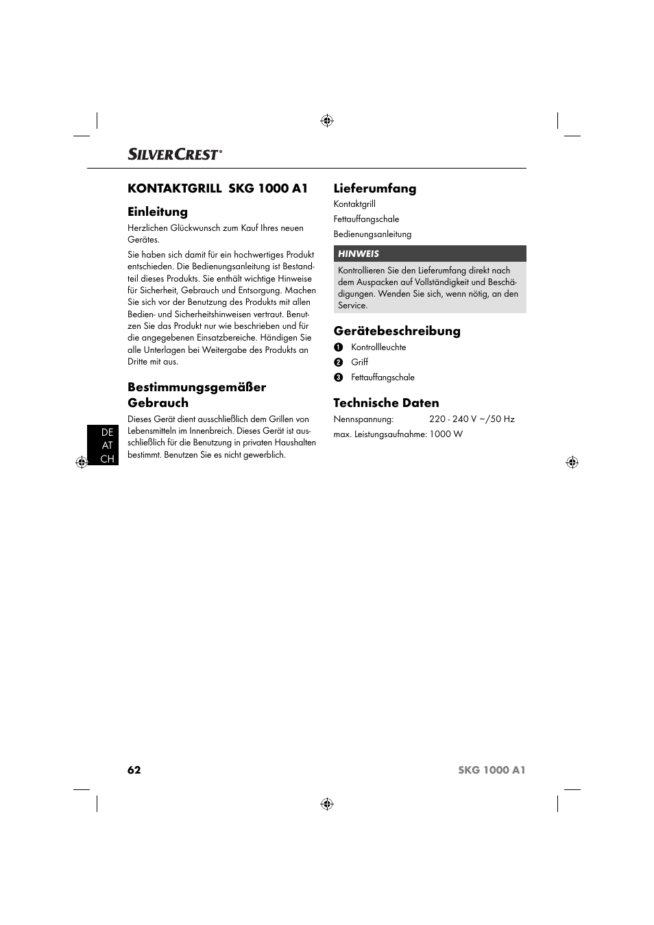 Bestimmungsgemäßer gebrauch, Lieferumfang, Gerätebeschreibung | Technische daten | Silvercrest SKG 1000 A1 User Manual | Page 65 / 73