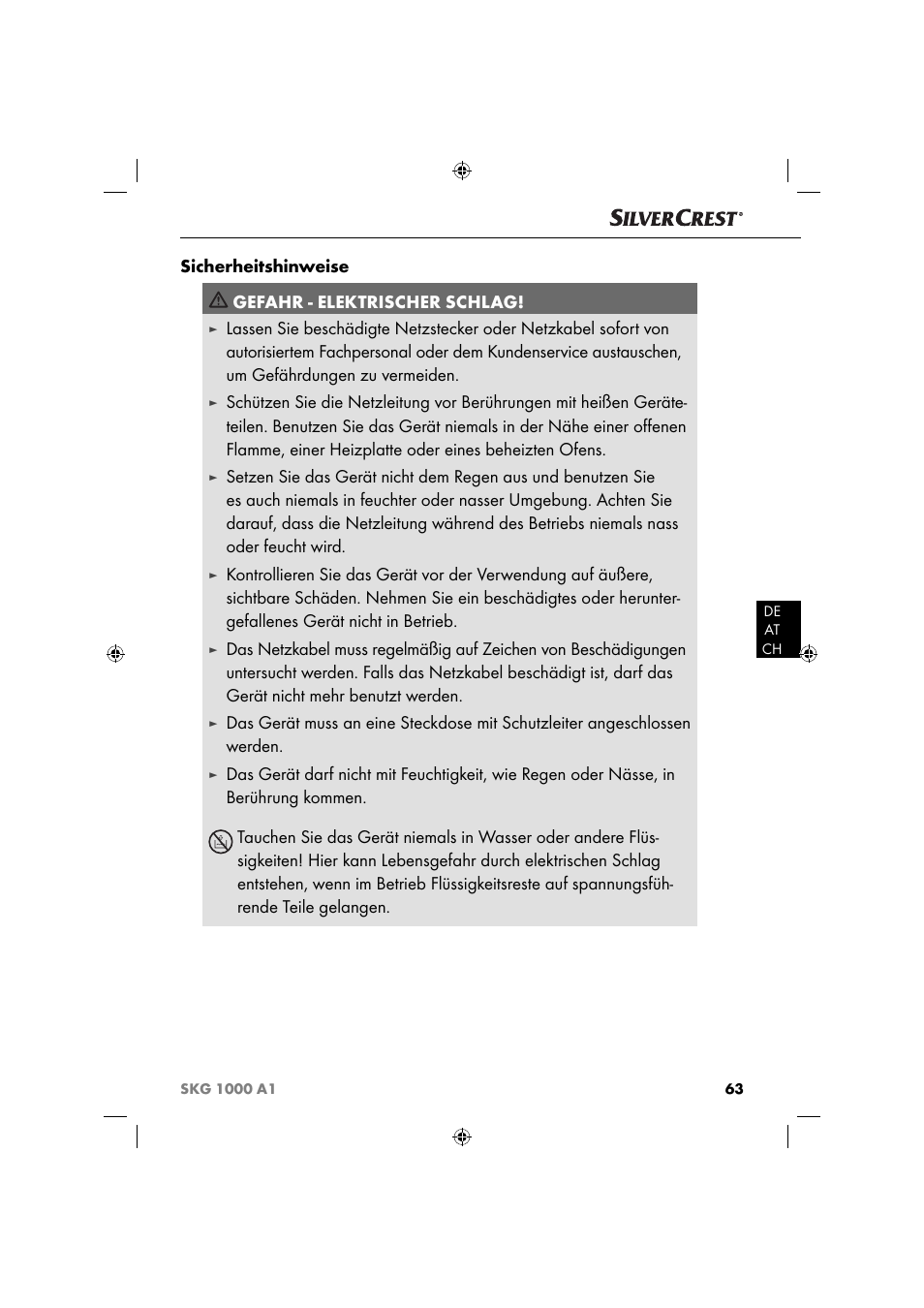 Sicherheitshinweise gefahr - elektrischer schlag | Silvercrest SKG 1000 A1 User Manual | Page 66 / 73