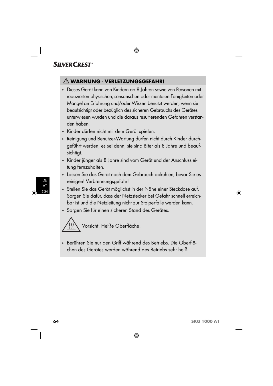 Warnung - verletzungsgefahr, Kinder dürfen nicht mit dem gerät spielen | Silvercrest SKG 1000 A1 User Manual | Page 67 / 73