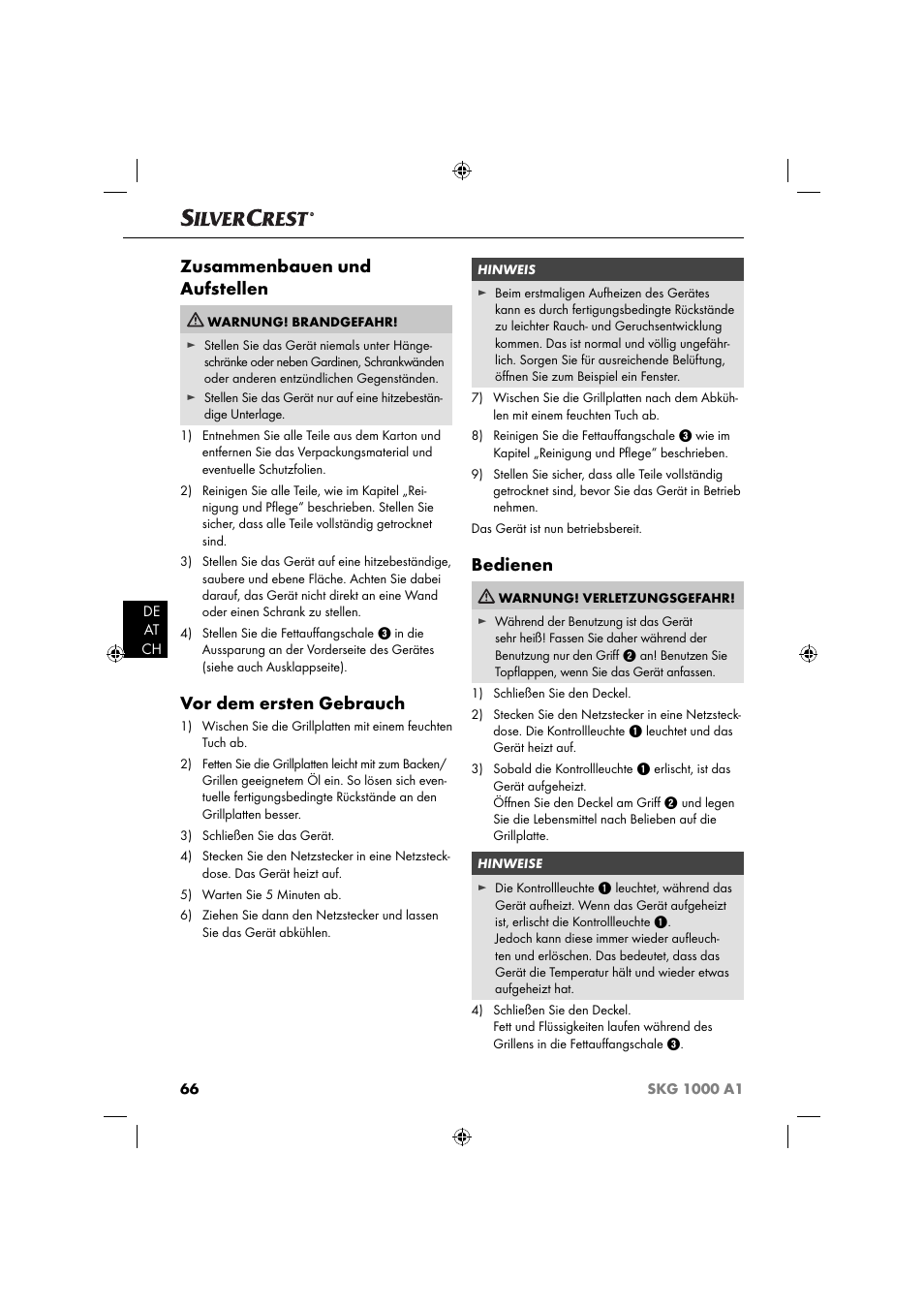 Zusammenbauen und aufstellen, Vor dem ersten gebrauch, Bedienen | Silvercrest SKG 1000 A1 User Manual | Page 69 / 73