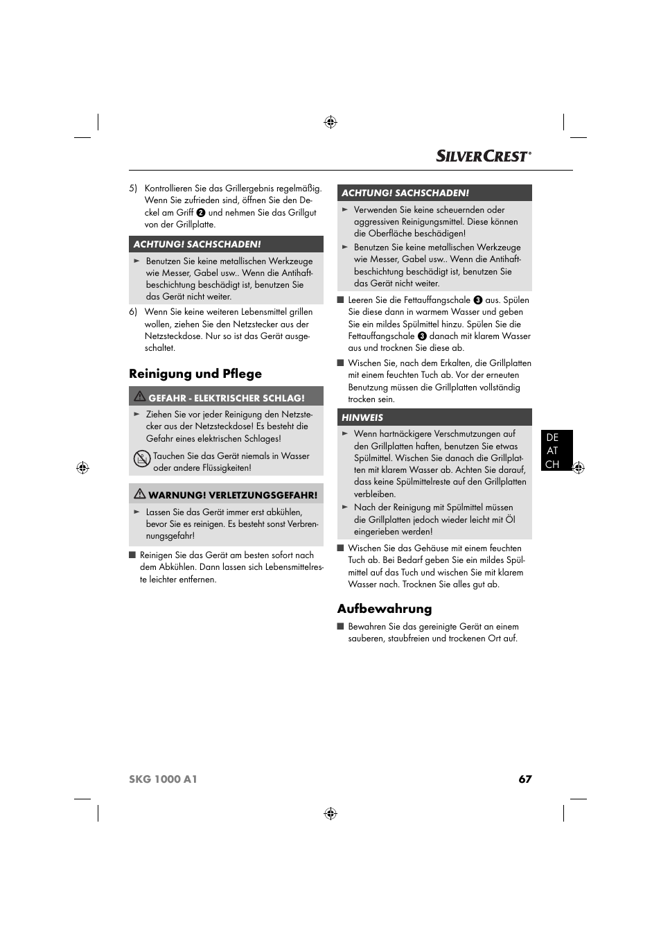 Reinigung und pﬂ ege, Aufbewahrung | Silvercrest SKG 1000 A1 User Manual | Page 70 / 73
