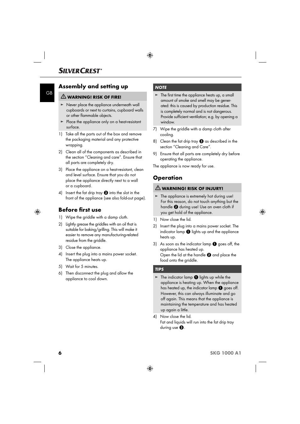 Assembly and setting up, Before ﬁ rst use, Operation | Silvercrest SKG 1000 A1 User Manual | Page 9 / 73