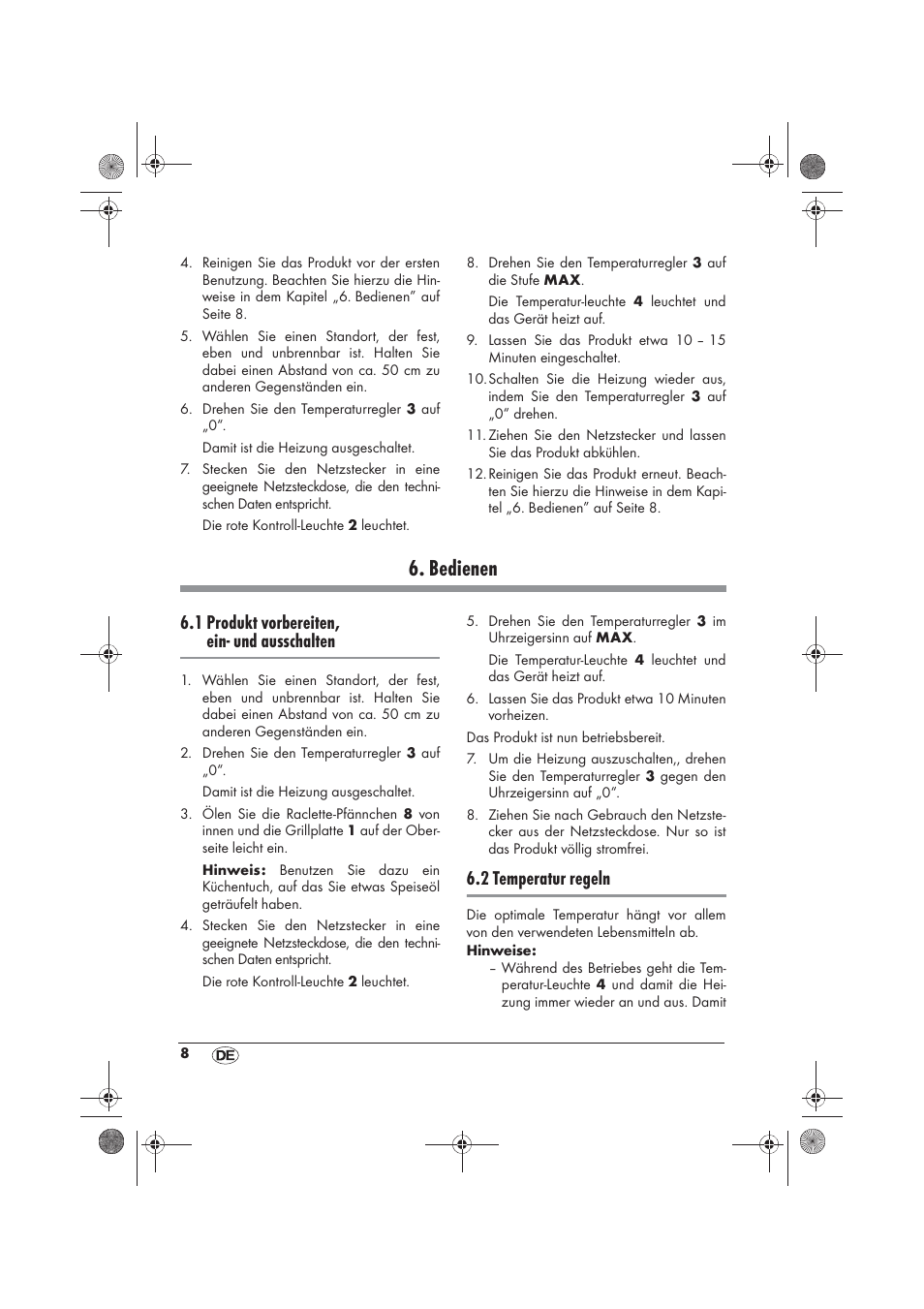 Bedienen, 1 produkt vorbereiten, ein- und ausschalten, 2 temperatur regeln | Silvercrest SRG 1200 B2 User Manual | Page 10 / 46