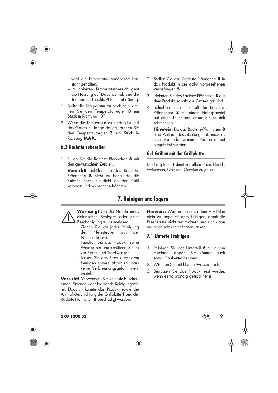 Reinigen und lagern, 3 raclette zubereiten, 4 grillen mit der grillplatte | 1 unterteil reinigen | Silvercrest SRG 1200 B2 User Manual | Page 11 / 46
