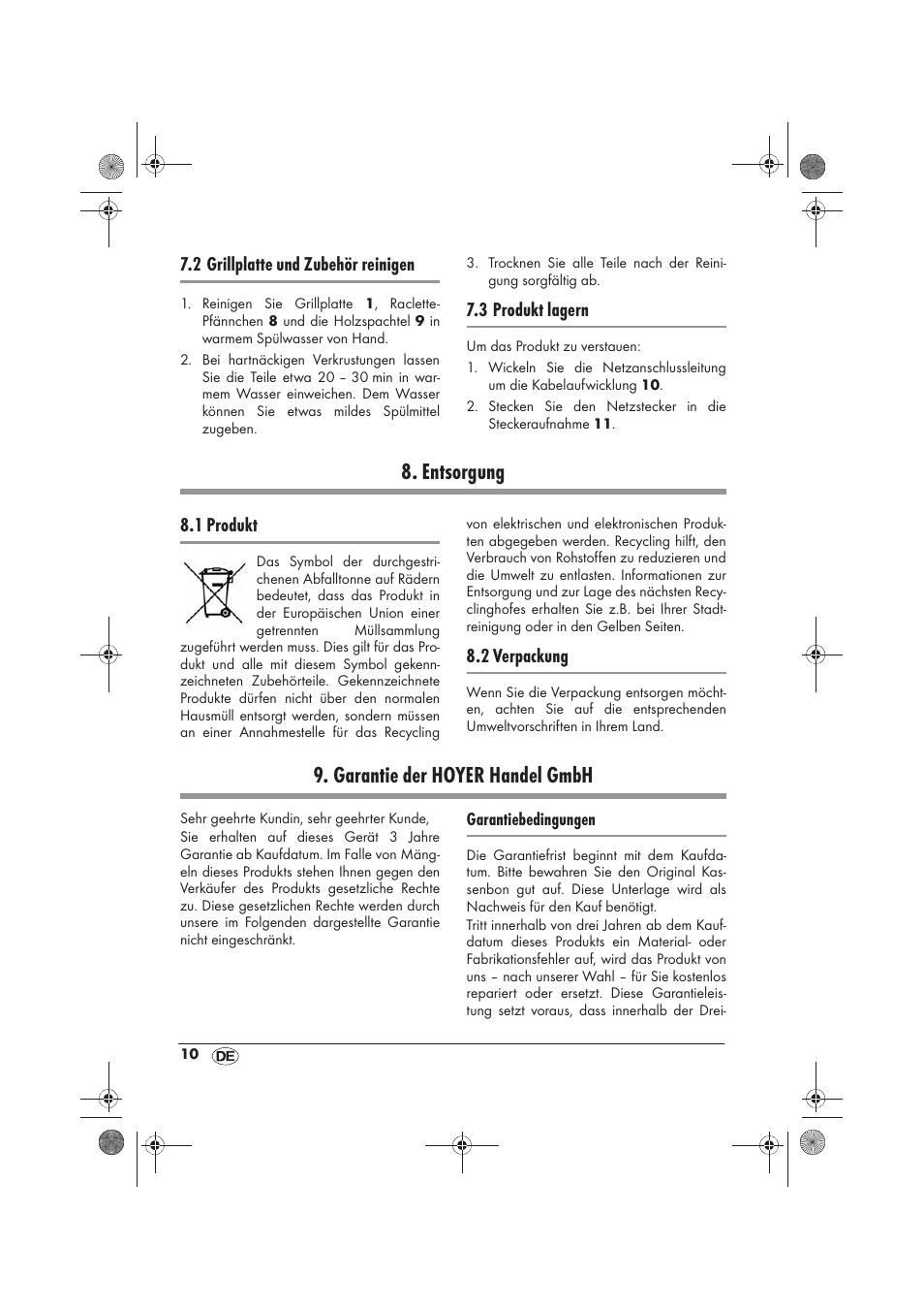 Entsorgung, Garantie der hoyer handel gmbh, 2 grillplatte und zubehör reinigen | 3 produkt lagern, 1 produkt, 2 verpackung | Silvercrest SRG 1200 B2 User Manual | Page 12 / 46