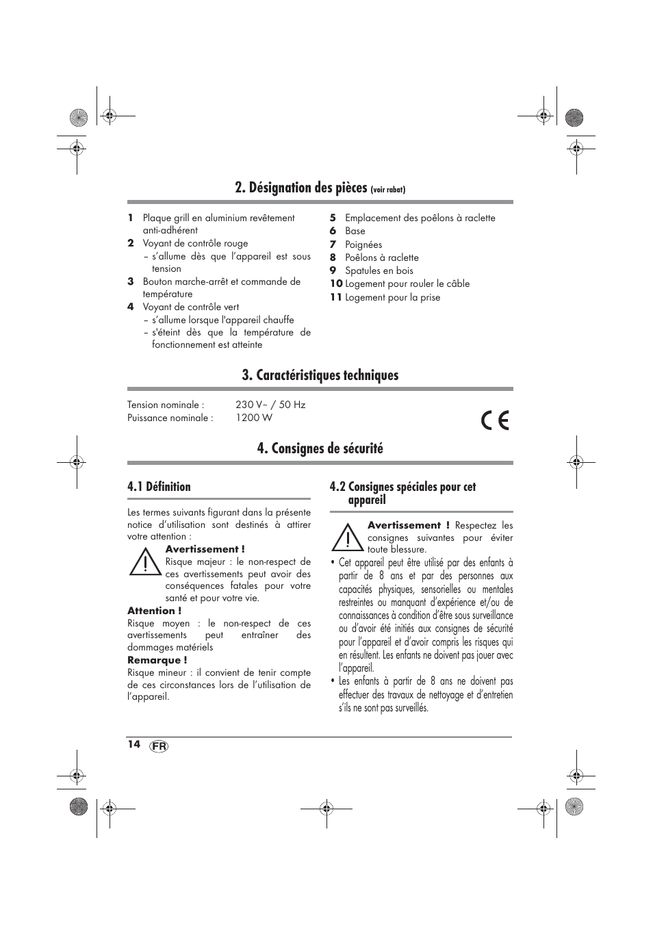 Désignation des pièces, Caractéristiques techniques, Consignes de sécurité | 1 définition, 2 consignes spéciales pour cet appareil | Silvercrest SRG 1200 B2 User Manual | Page 16 / 46