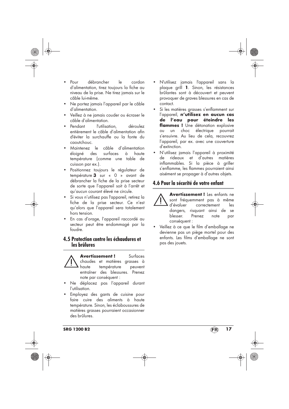 5 protection contre les échaudures et les brûlures, 6 pour la sécurité de votre enfant | Silvercrest SRG 1200 B2 User Manual | Page 19 / 46