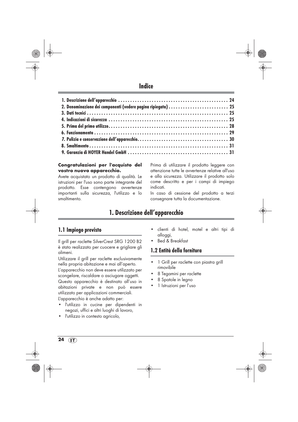 Indice, Descrizione dell’apparecchio, 1 impiego previsto | 2 entità della fornitura | Silvercrest SRG 1200 B2 User Manual | Page 26 / 46