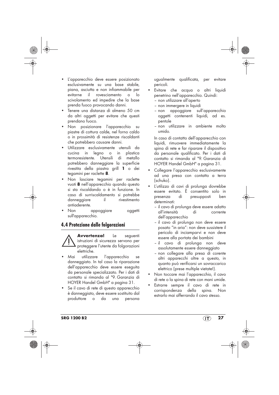 4 protezione dalle folgorazioni | Silvercrest SRG 1200 B2 User Manual | Page 29 / 46