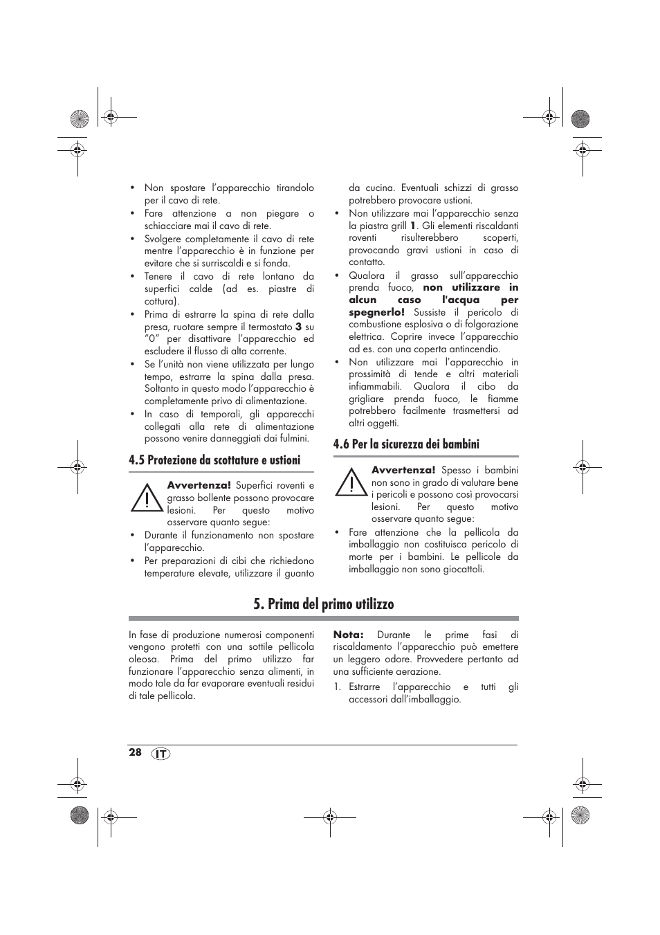 Prima del primo utilizzo, 5 protezione da scottature e ustioni, 6 per la sicurezza dei bambini | Silvercrest SRG 1200 B2 User Manual | Page 30 / 46