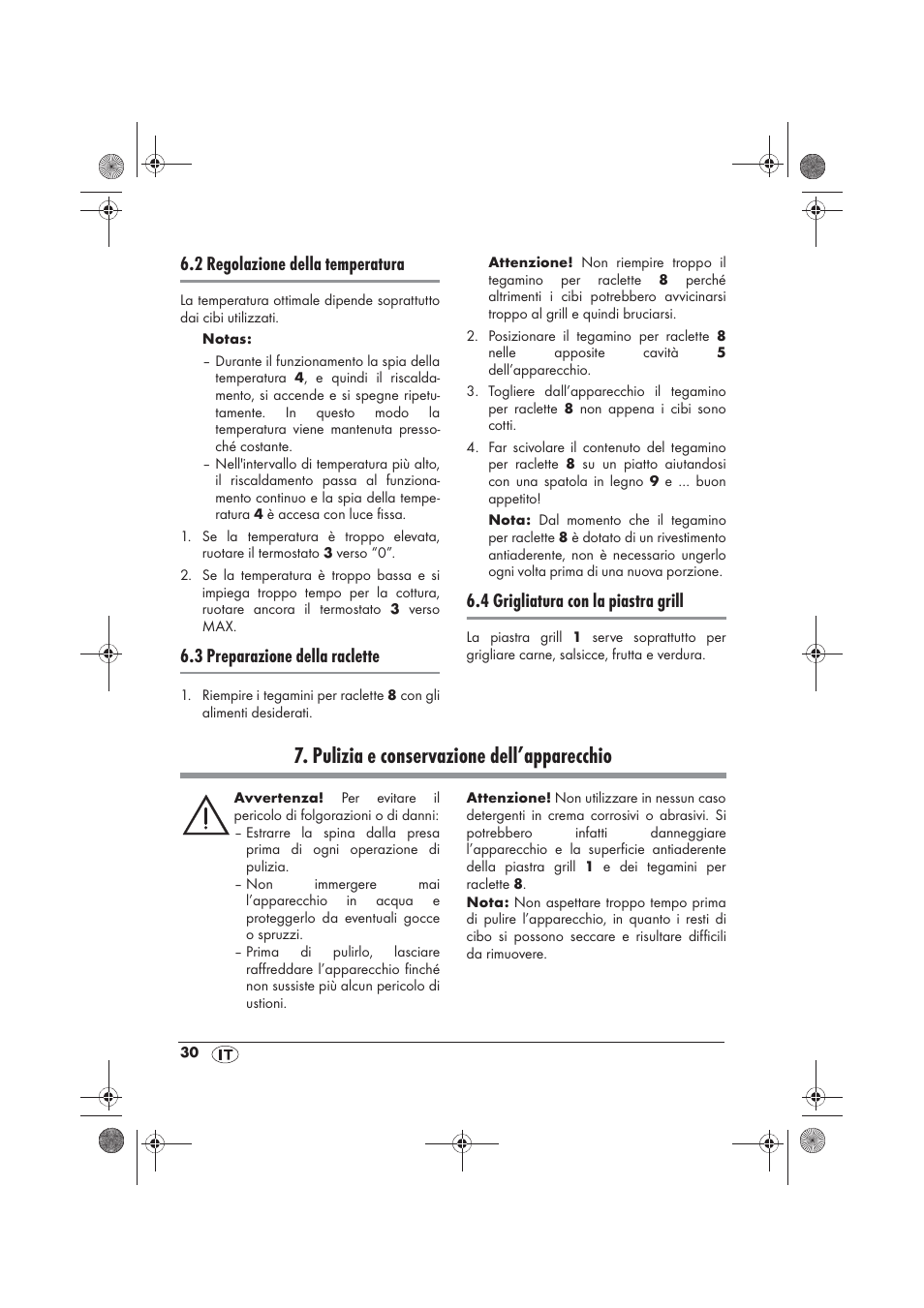 Pulizia e conservazione dell’apparecchio, 2 regolazione della temperatura, 3 preparazione della raclette | 4 grigliatura con la piastra grill | Silvercrest SRG 1200 B2 User Manual | Page 32 / 46