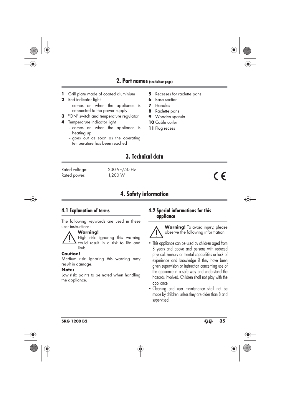 Part names, Technical data, Safety information | 1 explanation of terms, 2 special informations for this appliance | Silvercrest SRG 1200 B2 User Manual | Page 37 / 46
