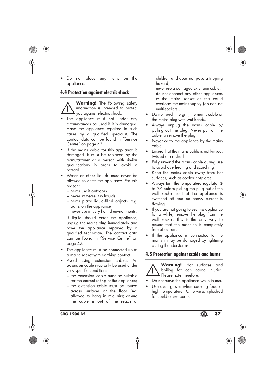 4 protection against electric shock, 5 protection against scalds and burns | Silvercrest SRG 1200 B2 User Manual | Page 39 / 46