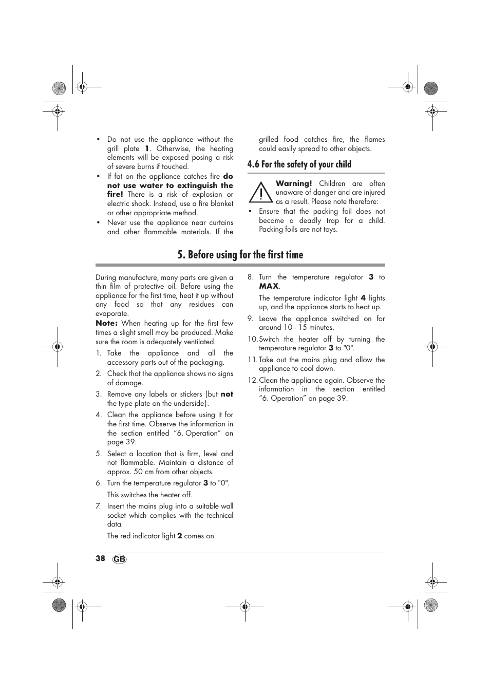 Before using for the first time, 6 for the safety of your child | Silvercrest SRG 1200 B2 User Manual | Page 40 / 46