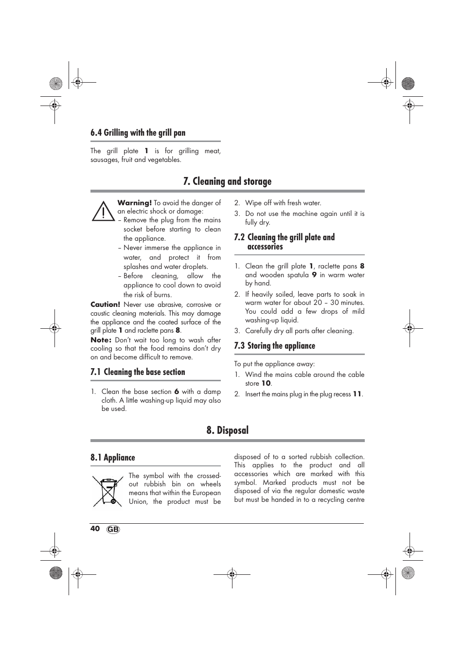 Cleaning and storage, Disposal, 4 grilling with the grill pan | 2 cleaning the grill plate and accessories, 3 storing the appliance, 1 appliance | Silvercrest SRG 1200 B2 User Manual | Page 42 / 46
