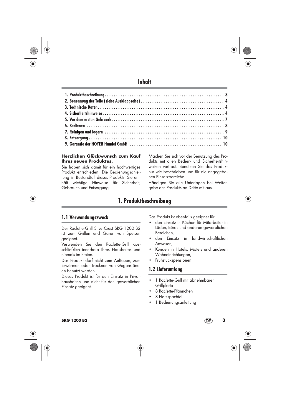 Inhalt, Produktbeschreibung, 1 verwendungszweck | 2 lieferumfang | Silvercrest SRG 1200 B2 User Manual | Page 5 / 46