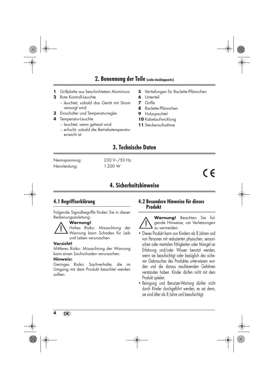 Benennung der teile, Technische daten, Sicherheitshinweise | Silvercrest SRG 1200 B2 User Manual | Page 6 / 46