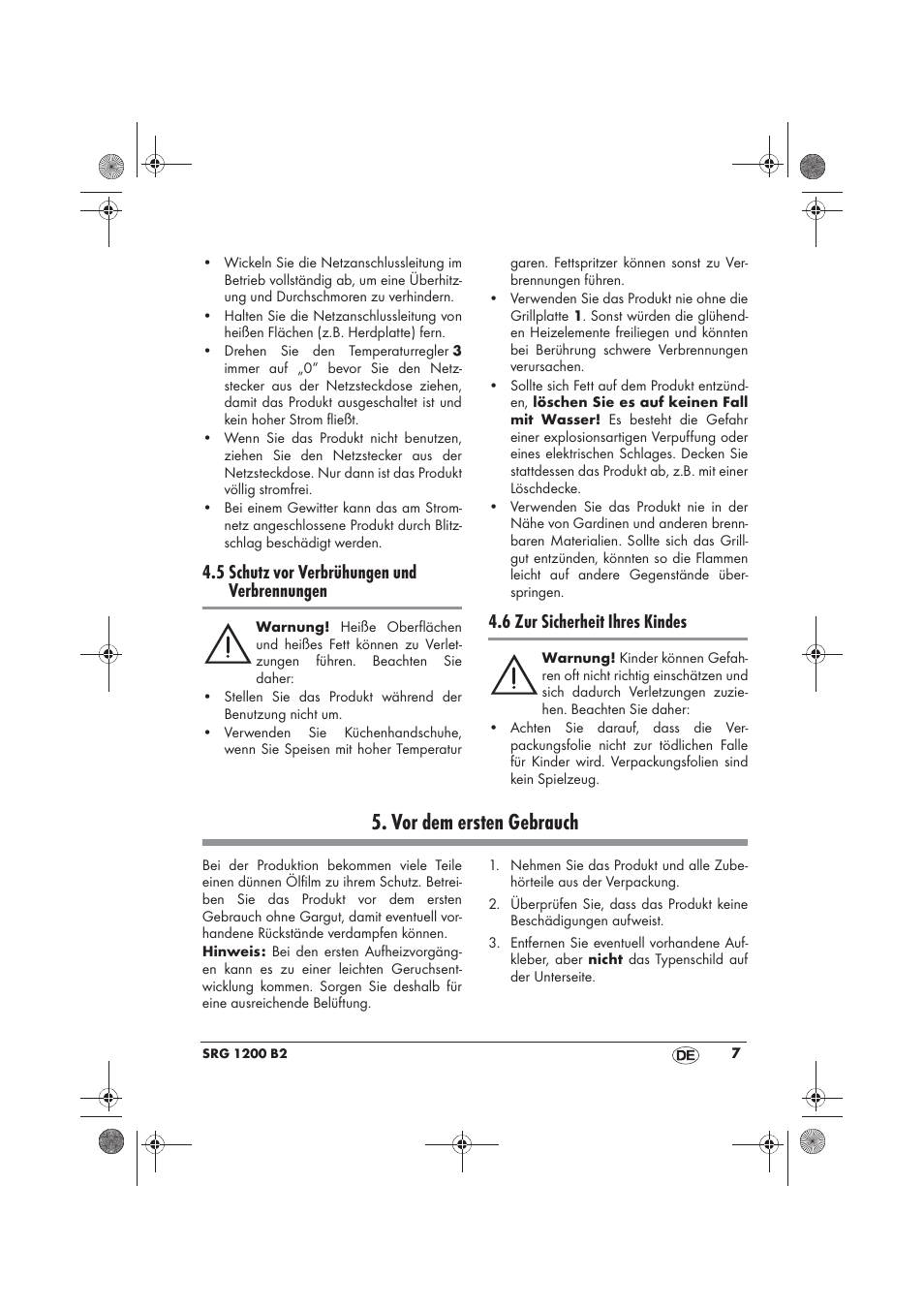 Vor dem ersten gebrauch, 5 schutz vor verbrühungen und verbrennungen, 6 zur sicherheit ihres kindes | Silvercrest SRG 1200 B2 User Manual | Page 9 / 46