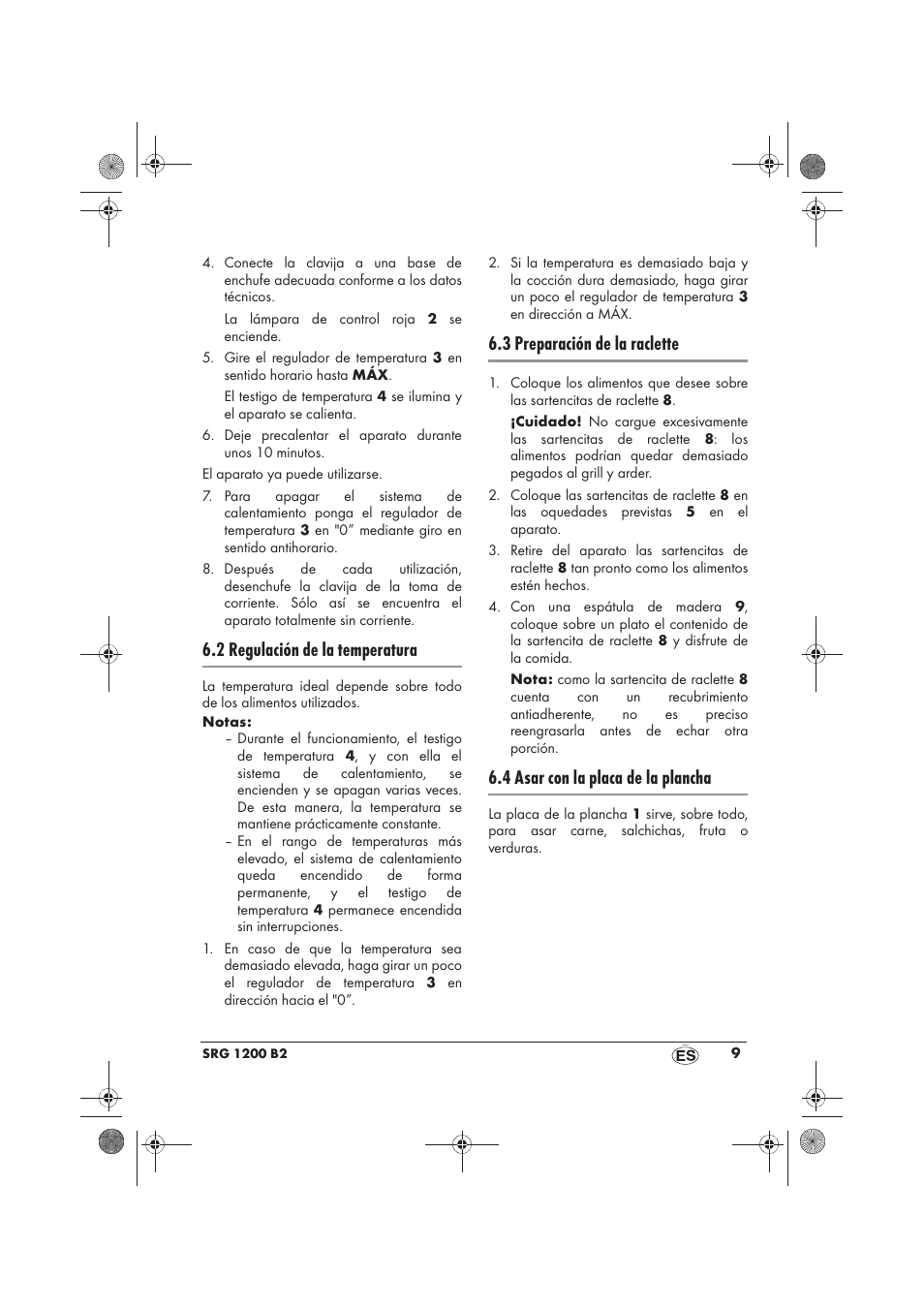 2 regulación de la temperatura, 3 preparación de la raclette, 4 asar con la placa de la plancha | Silvercrest SRG 1200 B2 User Manual | Page 11 / 54