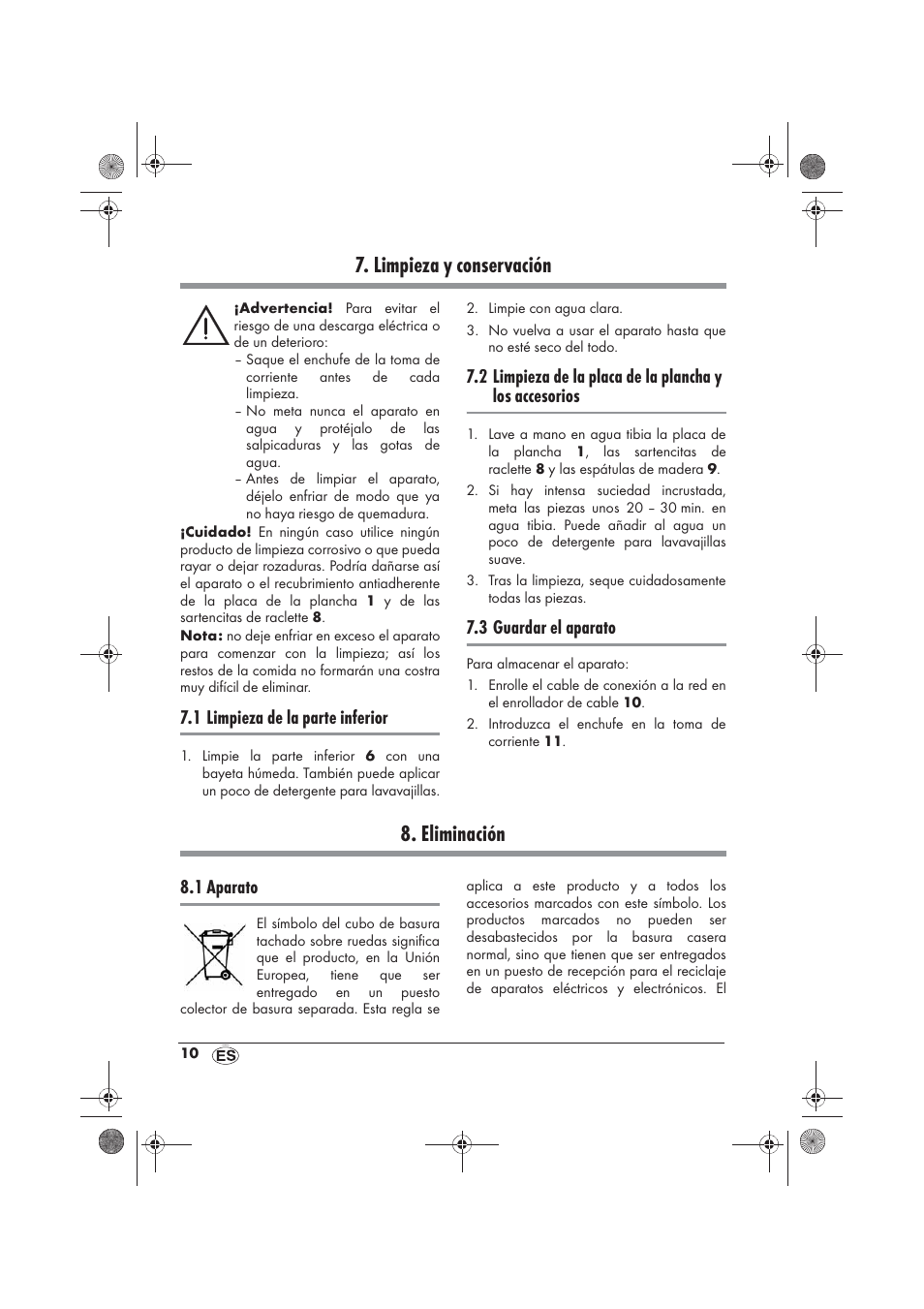 Limpieza y conservación, Eliminación, 1 limpieza de la parte inferior | 3 guardar el aparato, 1 aparato | Silvercrest SRG 1200 B2 User Manual | Page 12 / 54