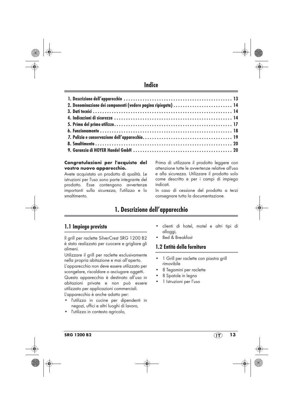 Indice, Descrizione dell’apparecchio, 1 impiego previsto | 2 entità della fornitura | Silvercrest SRG 1200 B2 User Manual | Page 15 / 54
