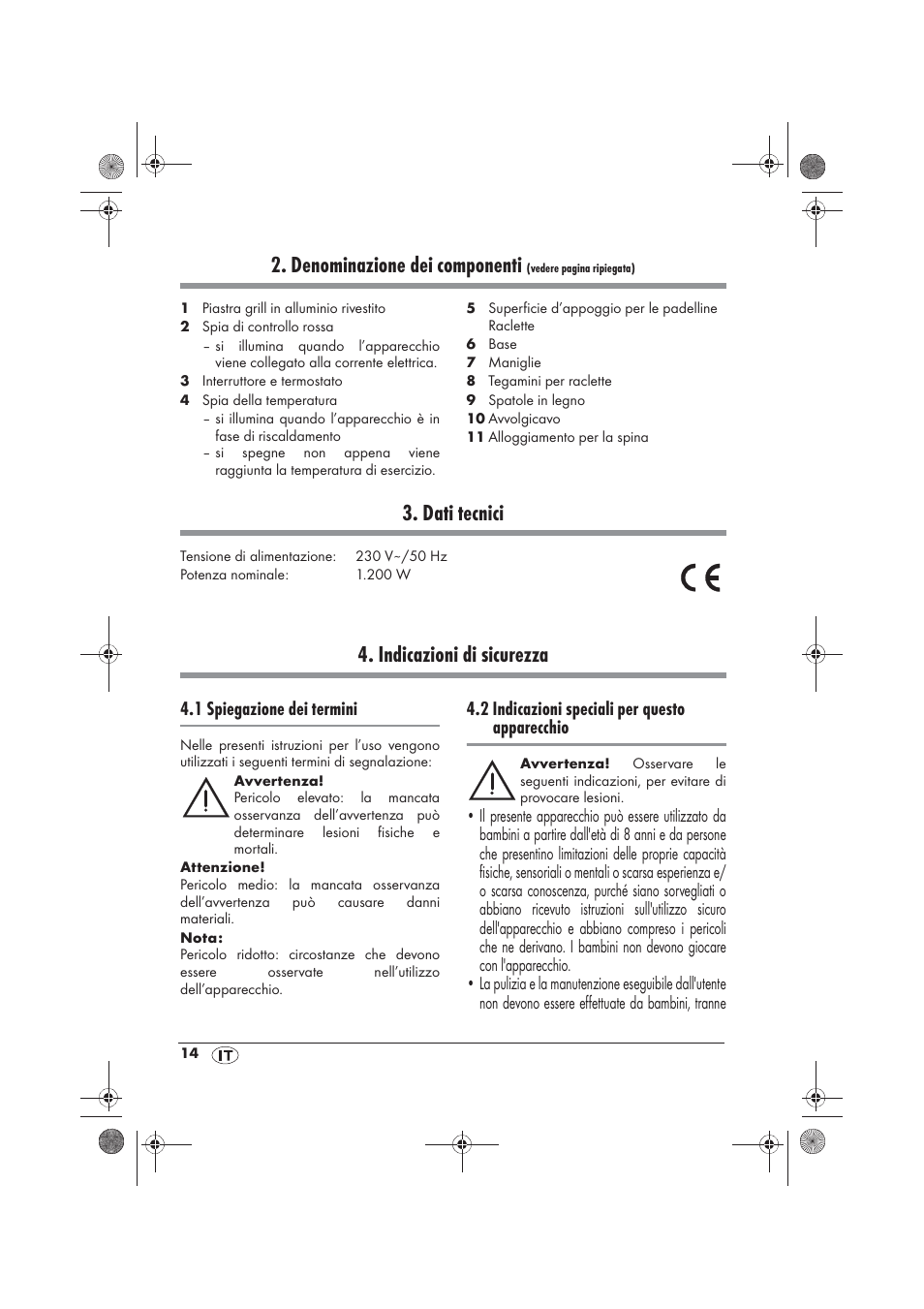 Denominazione dei componenti, Dati tecnici, Indicazioni di sicurezza | 1 spiegazione dei termini, 2 indicazioni speciali per questo apparecchio | Silvercrest SRG 1200 B2 User Manual | Page 16 / 54