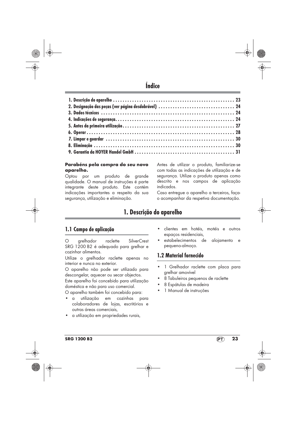 Índice, Descrição do aparelho, 1 campo de aplicação | 2 material fornecido | Silvercrest SRG 1200 B2 User Manual | Page 25 / 54