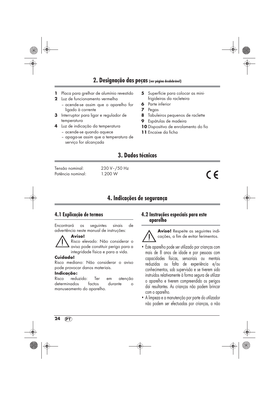 Designação das peças, Dados técnicos, Indicações de segurança | 1 explicação de termos, 2 instruções especiais para este aparelho | Silvercrest SRG 1200 B2 User Manual | Page 26 / 54