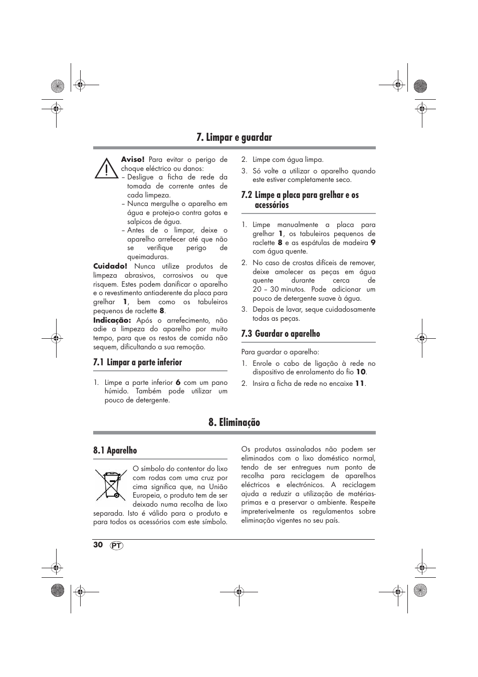 Limpar e guardar, Eliminação, 1 limpar a parte inferior | 2 limpe a placa para grelhar e os acessórios, 3 guardar o aparelho, 1 aparelho | Silvercrest SRG 1200 B2 User Manual | Page 32 / 54