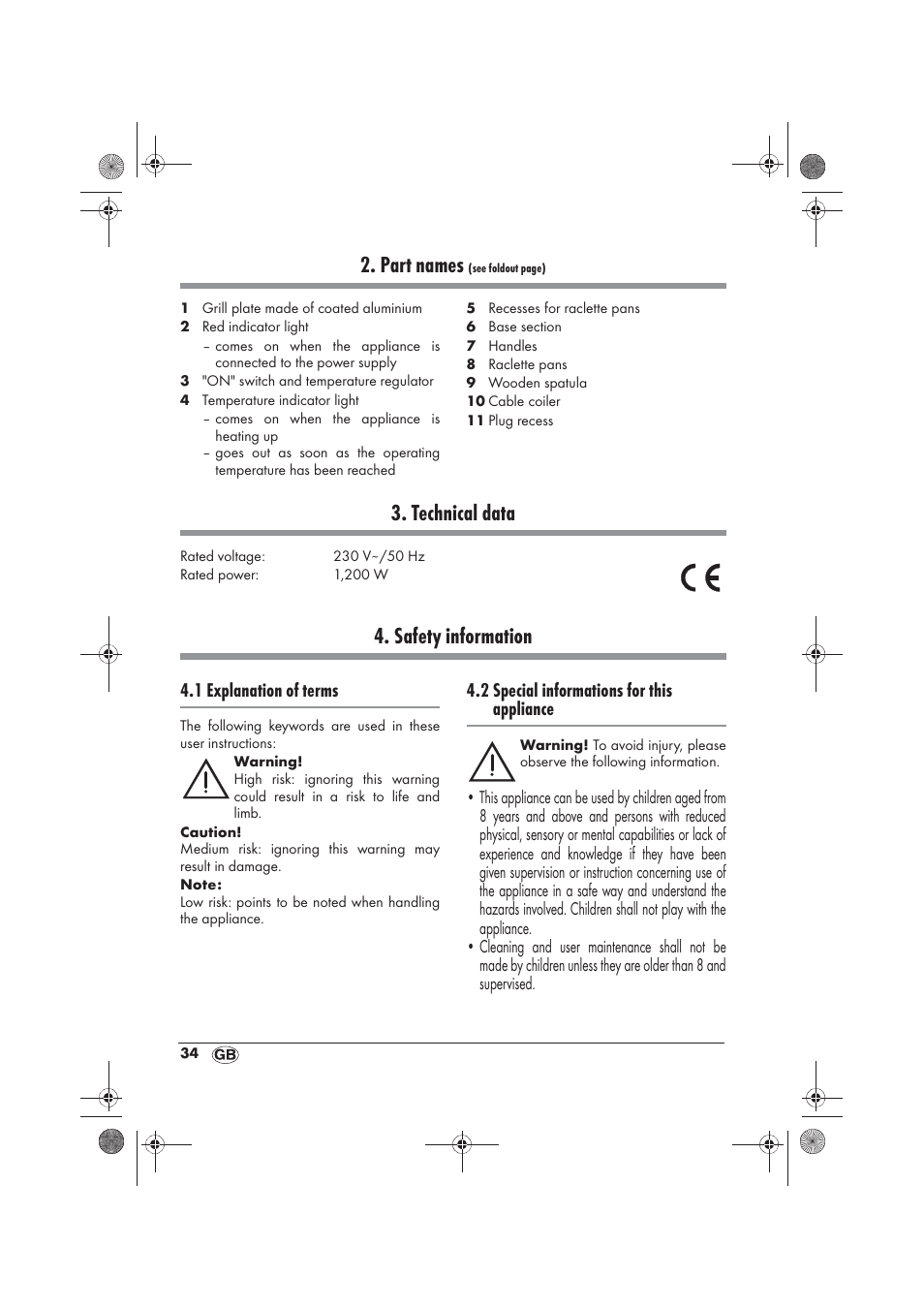 Part names, Technical data, Safety information | 1 explanation of terms, 2 special informations for this appliance | Silvercrest SRG 1200 B2 User Manual | Page 36 / 54