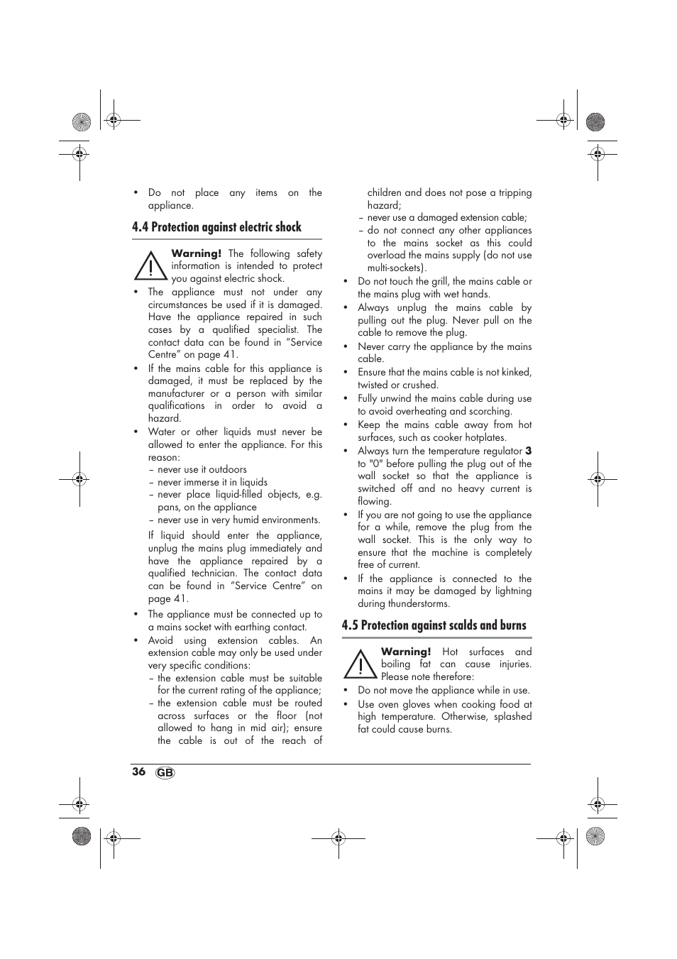 4 protection against electric shock, 5 protection against scalds and burns | Silvercrest SRG 1200 B2 User Manual | Page 38 / 54