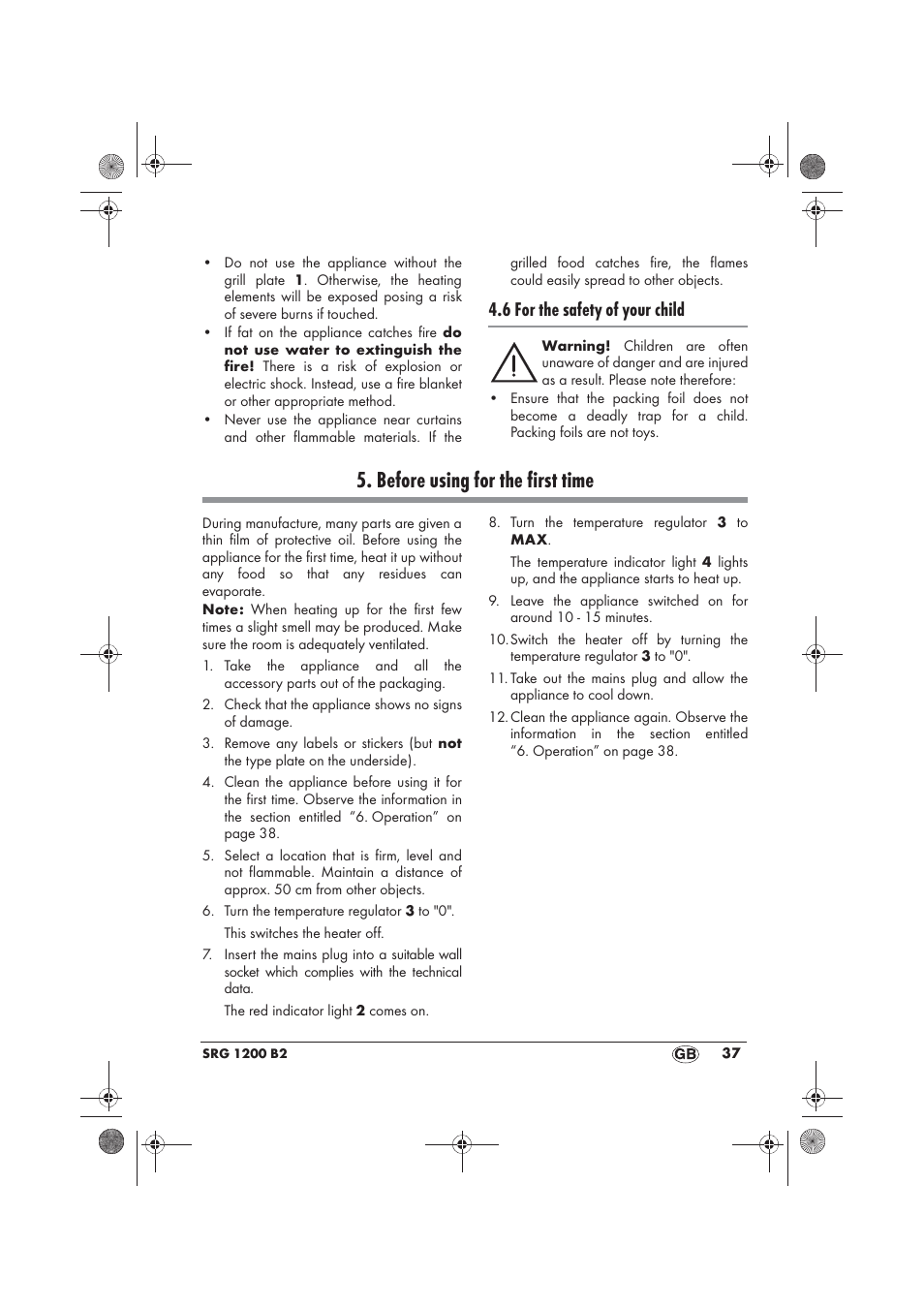 Before using for the first time, 6 for the safety of your child | Silvercrest SRG 1200 B2 User Manual | Page 39 / 54