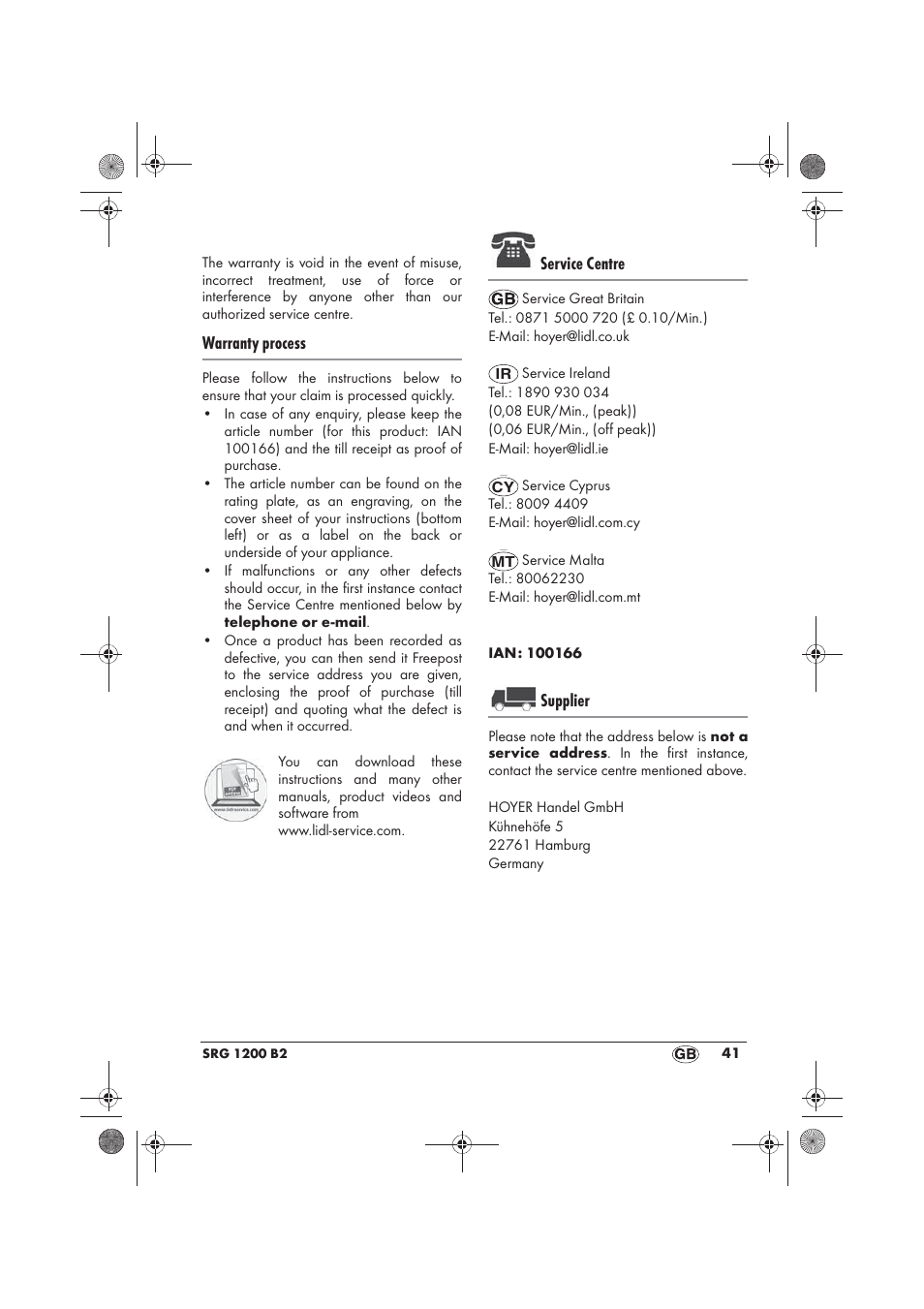 Warranty process, Service centre, Supplier | Silvercrest SRG 1200 B2 User Manual | Page 43 / 54