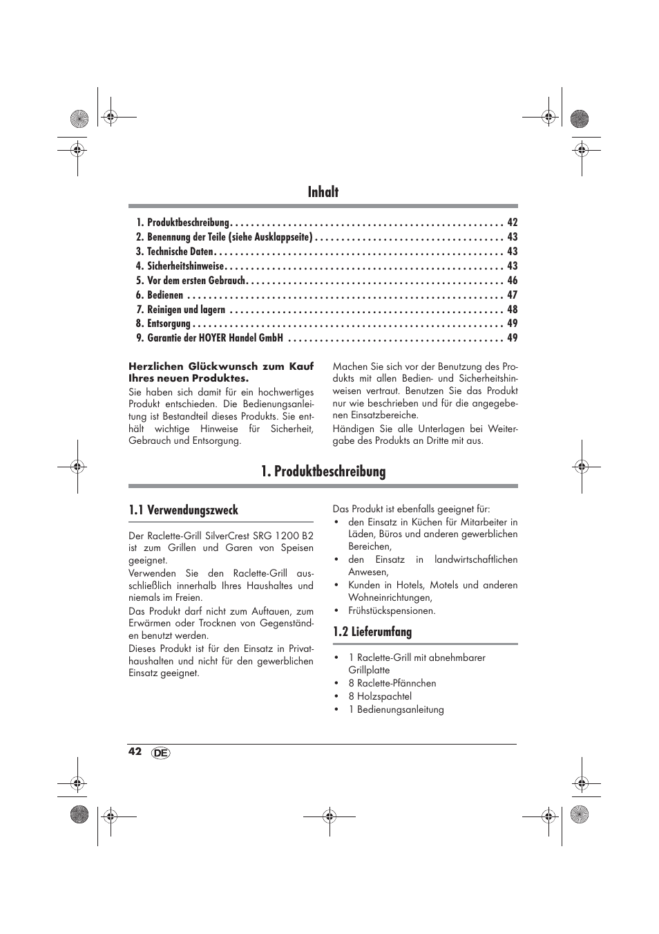 Inhalt, Produktbeschreibung, 1 verwendungszweck | 2 lieferumfang | Silvercrest SRG 1200 B2 User Manual | Page 44 / 54