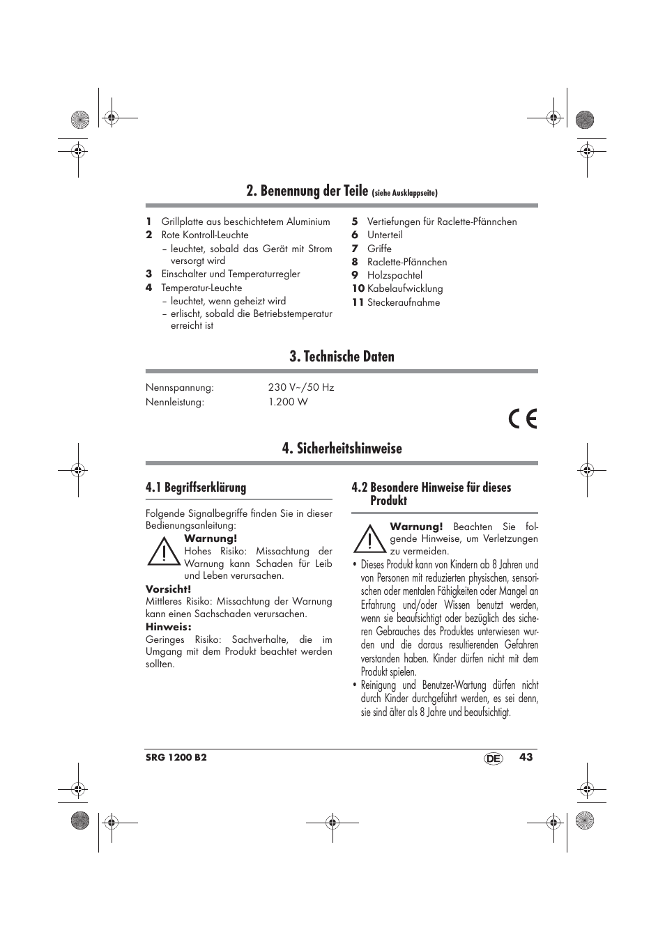 Benennung der teile, Technische daten, Sicherheitshinweise | 1 begriffserklärung, 2 besondere hinweise für dieses produkt | Silvercrest SRG 1200 B2 User Manual | Page 45 / 54