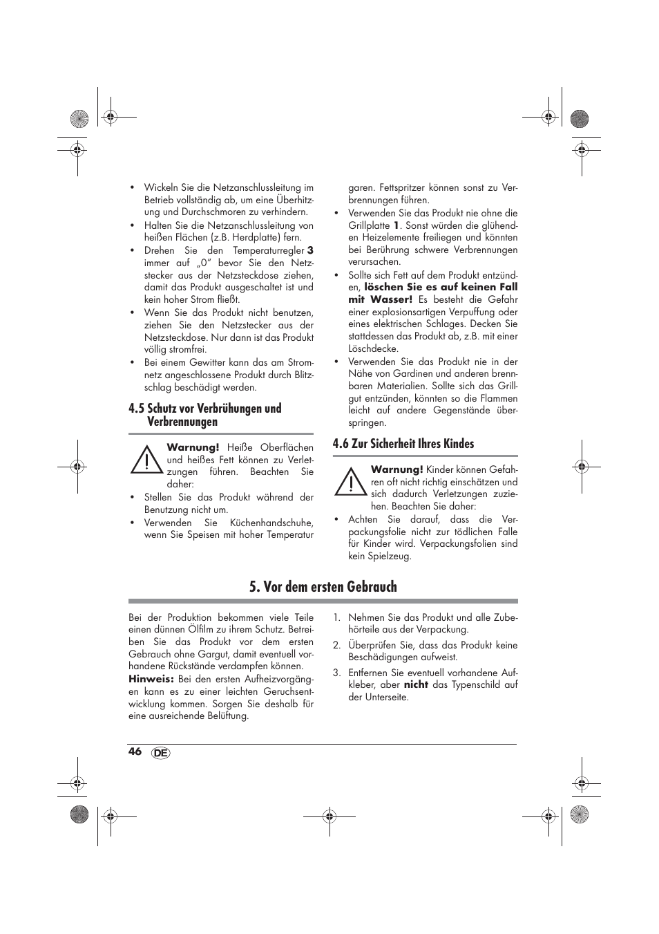 Vor dem ersten gebrauch, 5 schutz vor verbrühungen und verbrennungen, 6 zur sicherheit ihres kindes | Silvercrest SRG 1200 B2 User Manual | Page 48 / 54