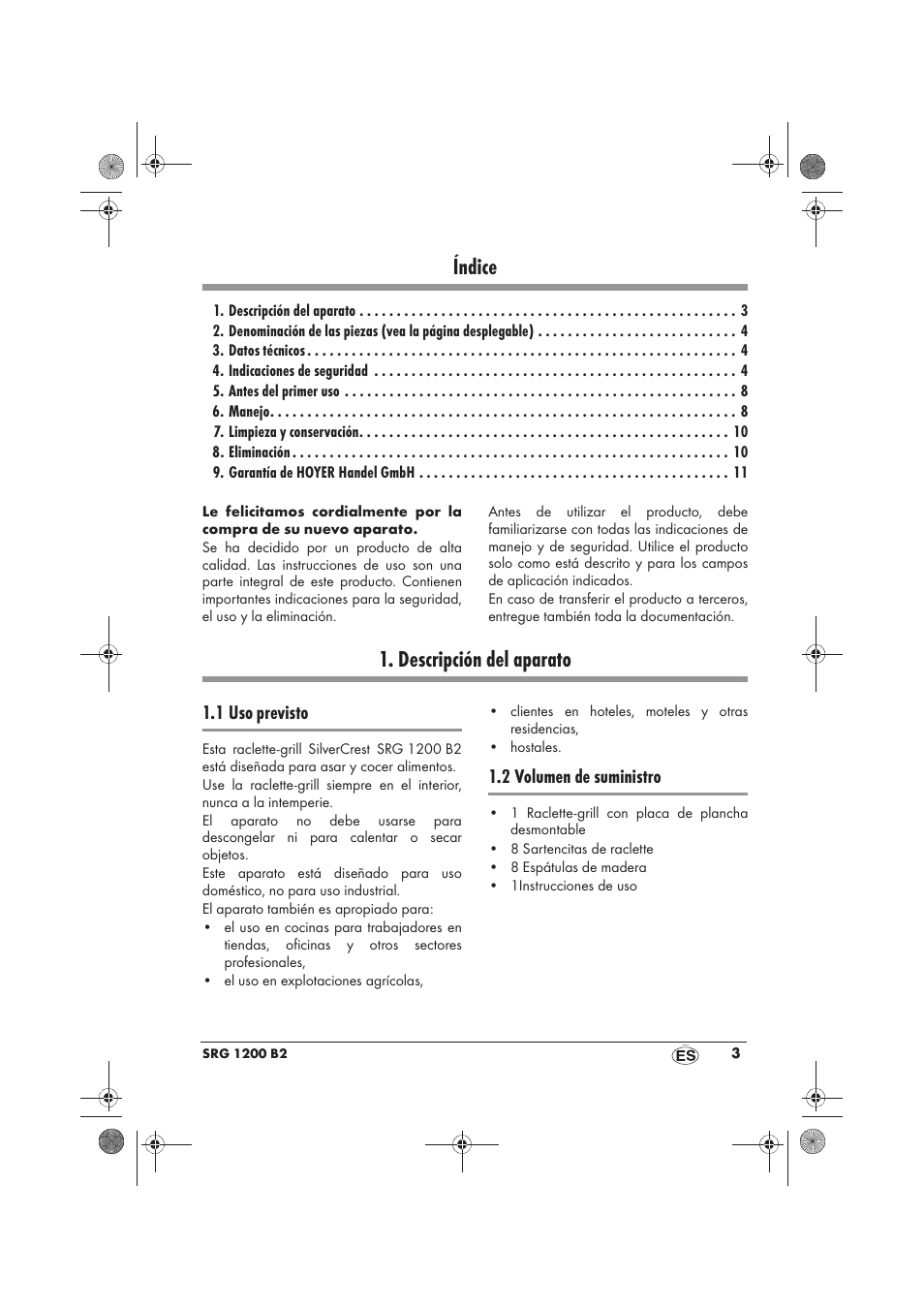 Índice, Descripción del aparato, 1 uso previsto | 2 volumen de suministro | Silvercrest SRG 1200 B2 User Manual | Page 5 / 54