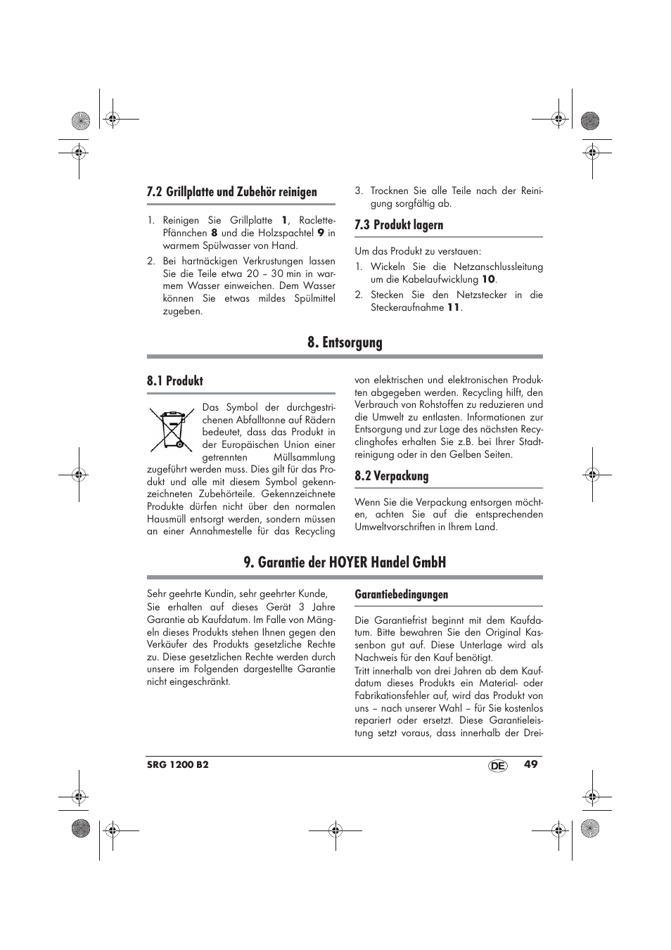 Entsorgung, Garantie der hoyer handel gmbh, 2 grillplatte und zubehör reinigen | 3 produkt lagern, 1 produkt, 2 verpackung | Silvercrest SRG 1200 B2 User Manual | Page 51 / 54