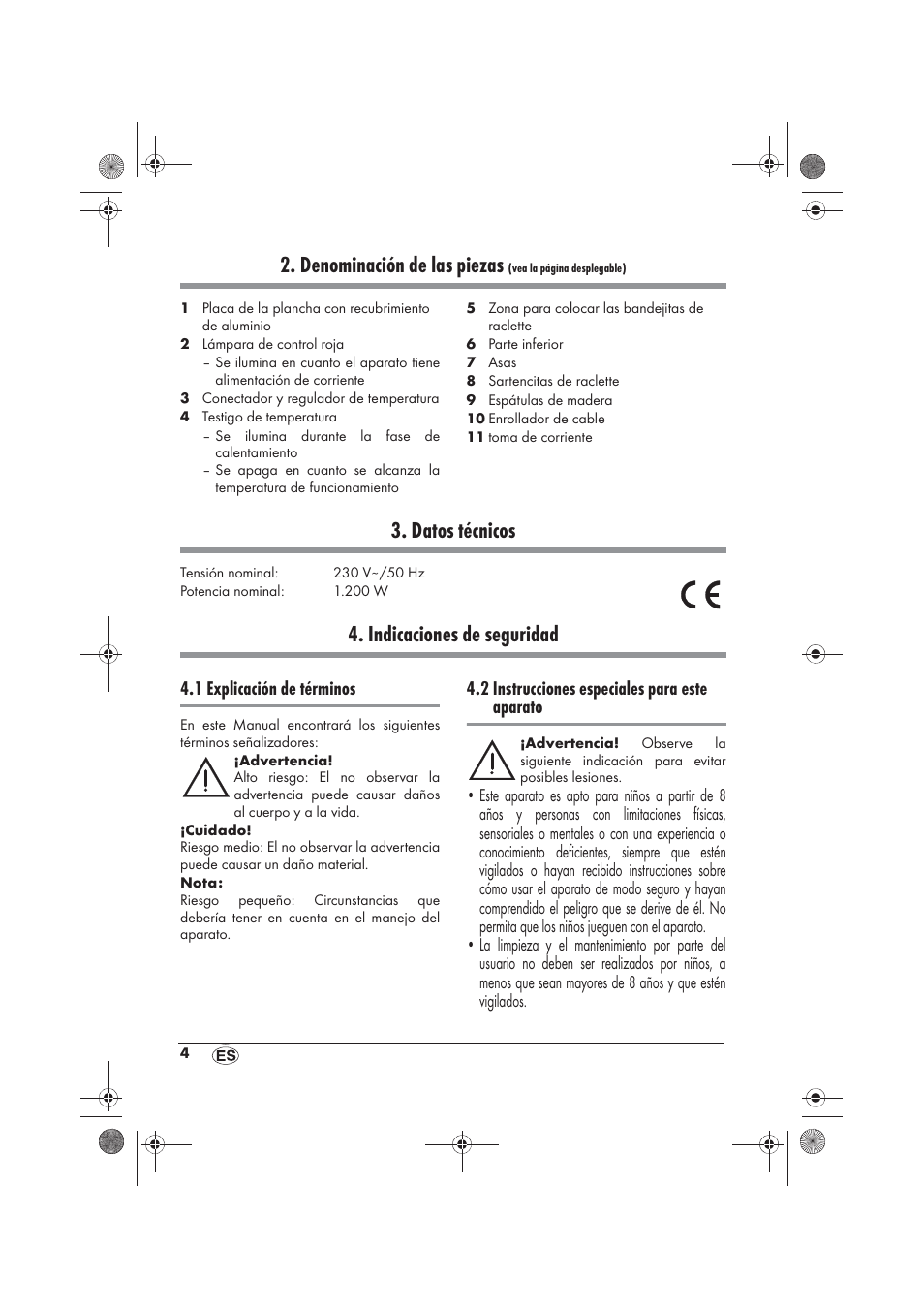 Denominación de las piezas, Datos técnicos, Indicaciones de seguridad | 1 explicación de términos, 2 instrucciones especiales para este aparato | Silvercrest SRG 1200 B2 User Manual | Page 6 / 54