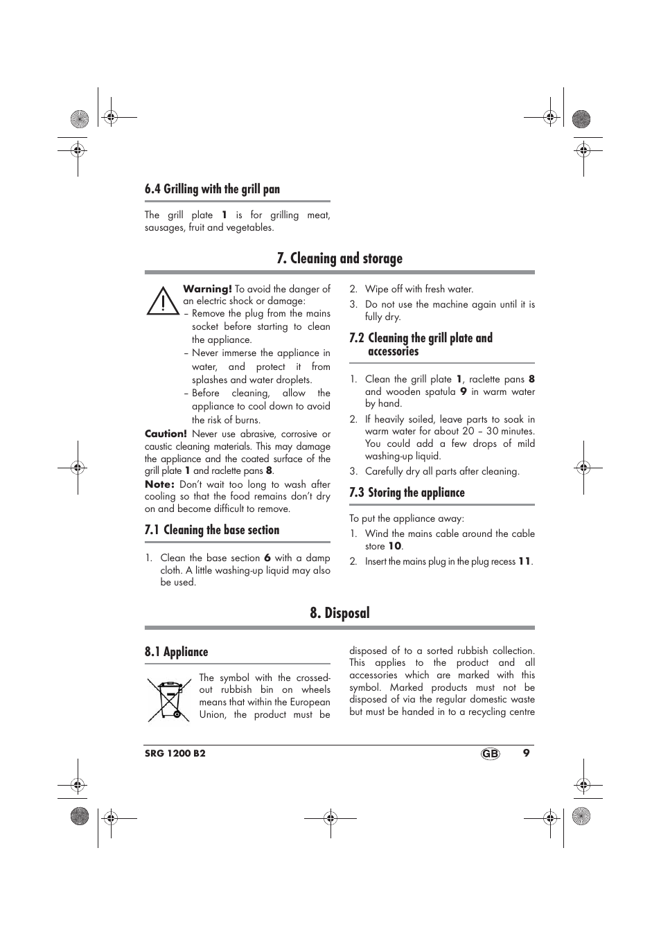 Cleaning and storage, Disposal, 4 grilling with the grill pan | 2 cleaning the grill plate and accessories, 3 storing the appliance, 1 appliance | Silvercrest SRG 1200 B2 User Manual | Page 11 / 74