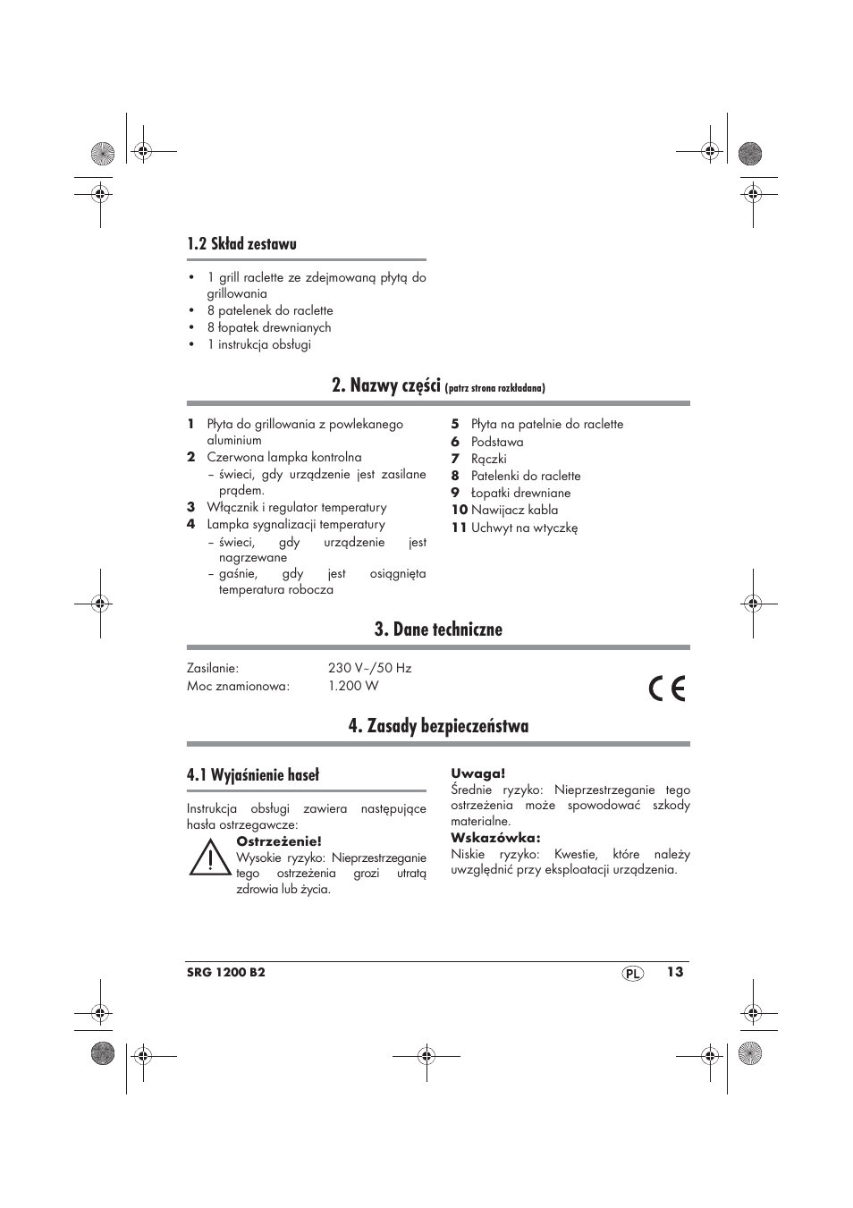 Nazwy części, Dane techniczne, Zasady bezpieczeństwa | 2 skład zestawu, 1 wyjaśnienie haseł | Silvercrest SRG 1200 B2 User Manual | Page 15 / 74