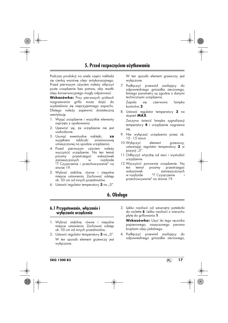 Przed rozpoczęciem użytkowania, Obsługa, 1 przygotowanie, włączanie i wyłączanie urządzenia | Silvercrest SRG 1200 B2 User Manual | Page 19 / 74