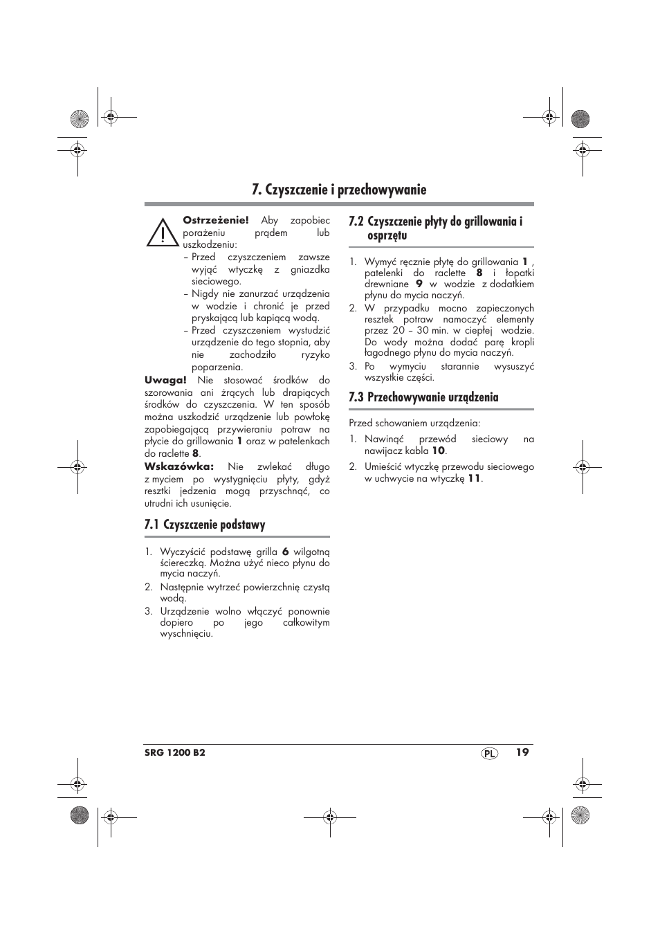 Czyszczenie i przechowywanie, 1 czyszczenie podstawy, 2 czyszczenie płyty do grillowania i osprzętu | 3 przechowywanie urządzenia | Silvercrest SRG 1200 B2 User Manual | Page 21 / 74