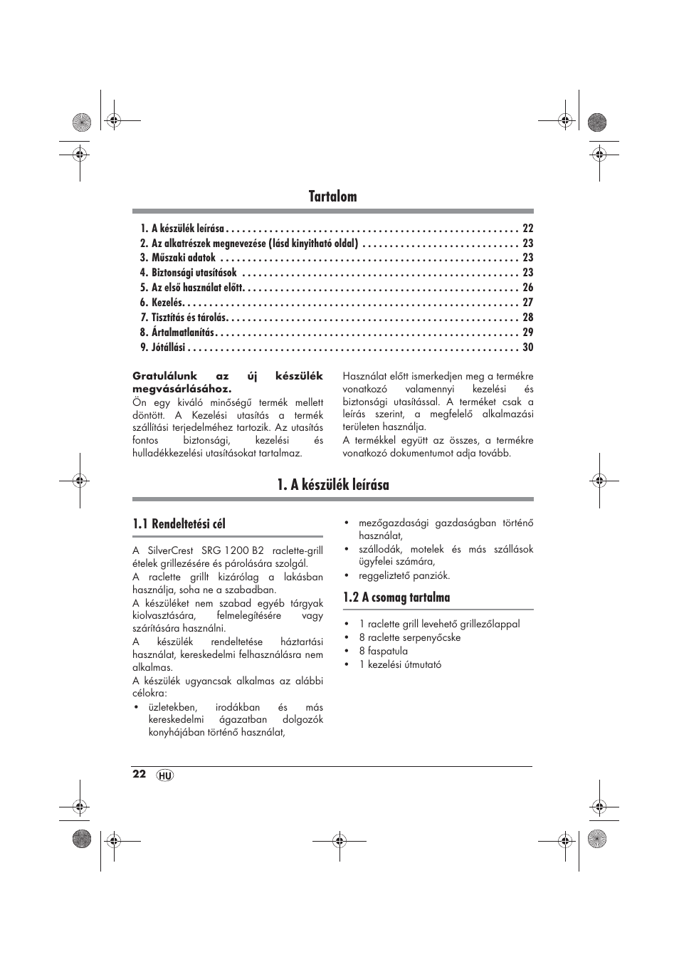 Tartalom, A készülék leírása | Silvercrest SRG 1200 B2 User Manual | Page 24 / 74