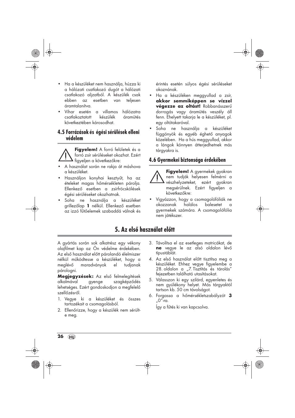 Az első használat előtt, 5 forrázások és égési sérülések elleni védelem, 6 gyermekei biztonsága érdekében | Silvercrest SRG 1200 B2 User Manual | Page 28 / 74